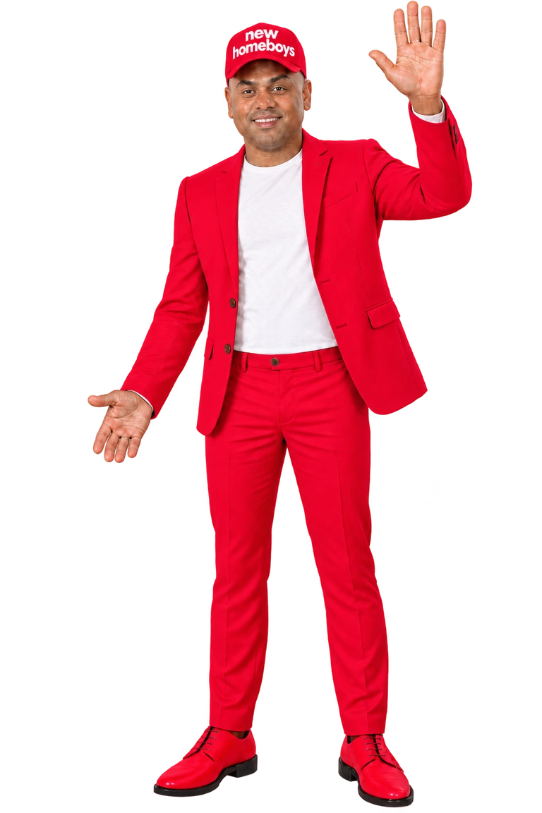 Avatar de Francisco con traje y gorra rojos, saludando