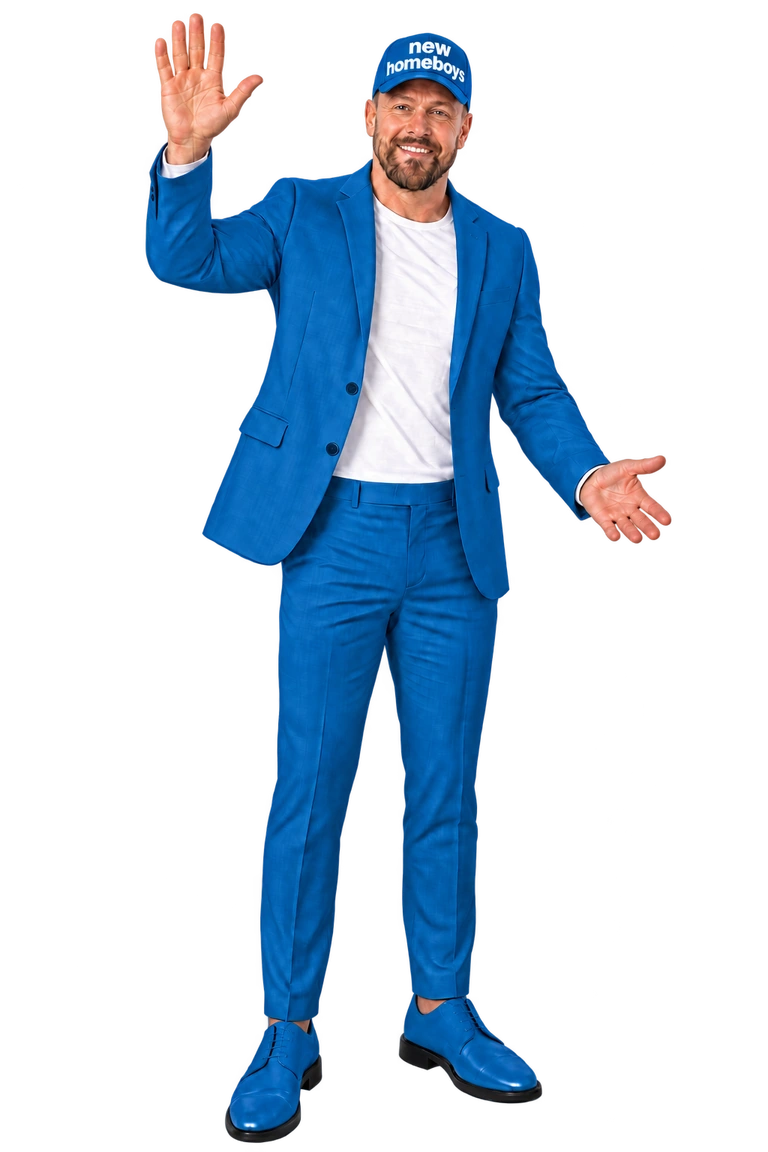 Ian’s blue-suit, blue-cap avatar waving